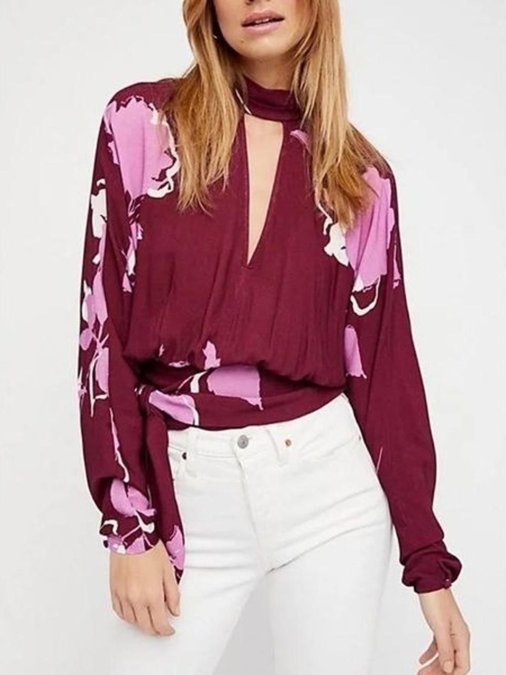 Free People Burgundy & Pink Floral Keyhole Tie-Waist Blouse